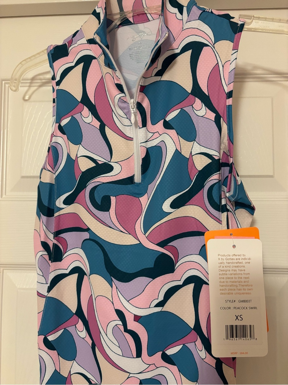 Gottex Peacock Swirl Zip Mock Neck Tank - Pink, Teal & Cream - Golf, Tennis